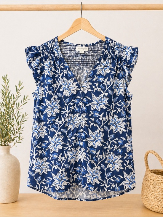 Artisan Tops - Jennifer Grace Blue Floral Blouse Large Ruffle Sleeve V Neck Lightweight Cotton